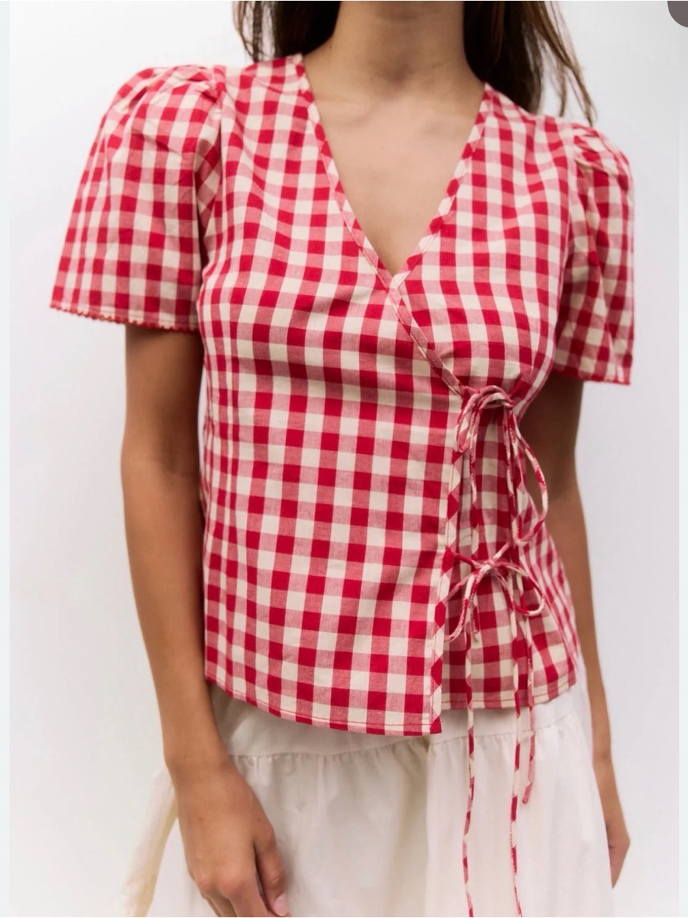 Mod Ref Red and White Gingham Wrap Blouse